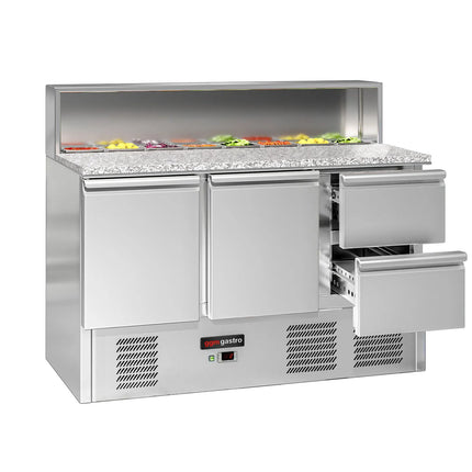 GGM Gastro Commercial Saladette Counter ECO - 1368mm - 402L - 2 doors & 2 drawers - open top for 8 x GN 1/6 & stainless steel hinged lid