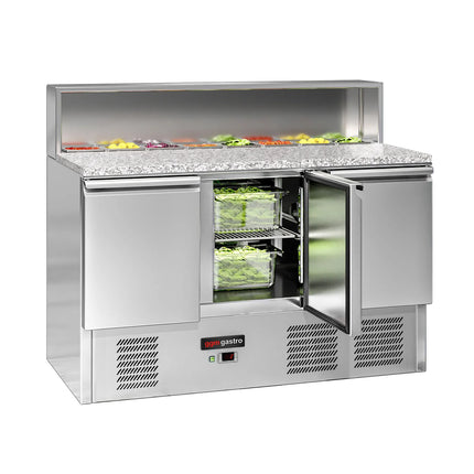GGM Gastro Commercial Saladette Counter ECO - 1368mm - 402L - 3 doors - open top for 8 x GN 1/6 & stainless steel hinged lid