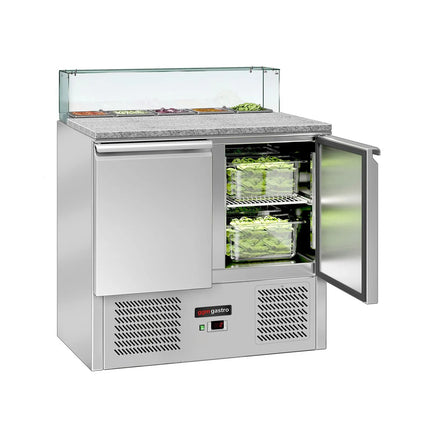 GGM Gastro Commercial Saladette Counter ECO - 900mm - 240L - 2 doors - with square glass canopy for 5 x GN 1/6