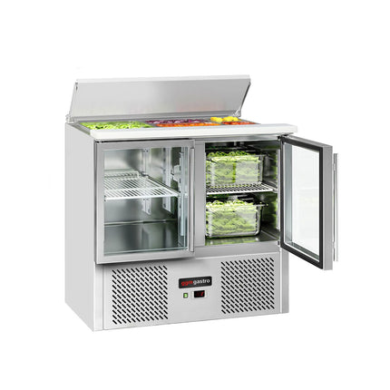 GGM Gastro Commercial Saladette Counter ECO - 903mm - 240L - 2 glass doors - open top for 2 x GN 1/1 & 3 x GN 1/6 & stainless steel retractable lid