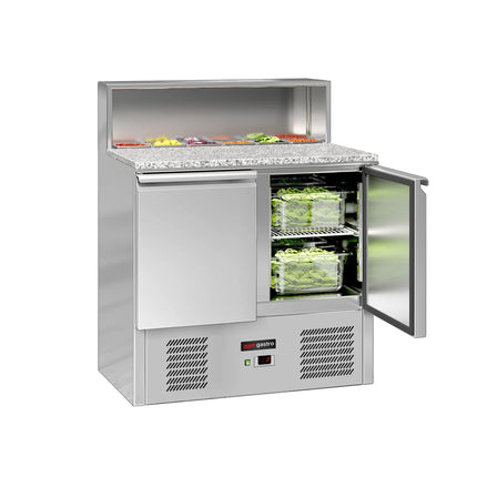 GGM Gastro Commercial Saladette Counter ECO - 903mm - 240L - Black Front - 2 doors - with glass canopy for 5 x GN 1/6 & stainless steel hinged lid