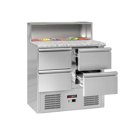 GGM Gastro Commercial Saladette Counter ECO - 903mm - 240L - Black Front - 4 drawers - with glass canopy for 5 x GN 1/6 & stainless steel hinged lid