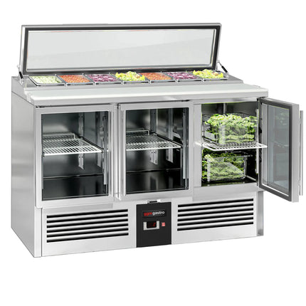 GGM Gastro Commercial Saladette Counter PREMIUM - 1365mm - 248L - 3 glass doors - open top for 7 x GN 1/3 & glass lid