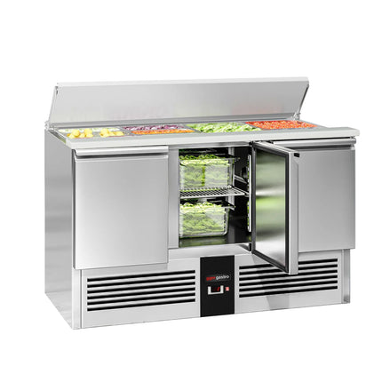 GGM Gastro Commercial Saladette Counter PREMIUM - 1368mm - 368L - 3 doors - open top for 4 x GN 1/1 & stainless steel hinged lid - UK