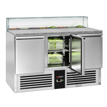 GGM Gastro Commercial Saladette Counter PREMIUM - 1368mm - 368L - 3 doors - with square glass canopy for 8 x GN 1/6
