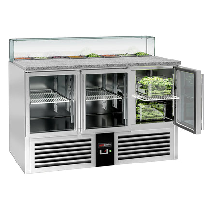 GGM Gastro Commercial Saladette Counter PREMIUM - 1368mm - 368L - 3 glass doors - with square glass canopy for 8 x GN 1/6
