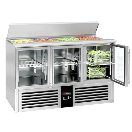 GGM Gastro Commercial Saladette Counter PREMIUM - 1368mm - 368L - 3 glass doors - open top for 4 x GN 1/1 & stainless steel retractable lid