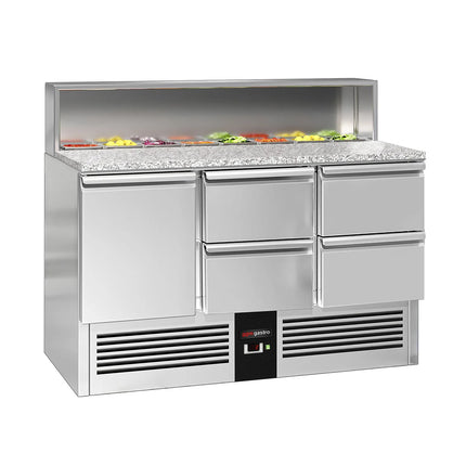 GGM Gastro Commercial Saladette Counter PREMIUM - 1368mm - 402L - 1 door & 4 drawers - open top for 8 x GN 1/6 & stainless steel hinged lid