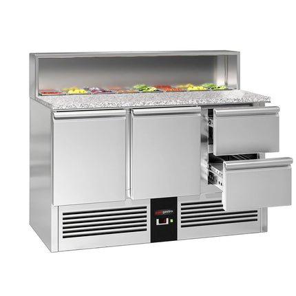 GGM Gastro Commercial Saladette Counter PREMIUM - 1368mm - 402L - 2 doors & 2 drawers - with stainless steel hinged lid for 8 x GN 1/6