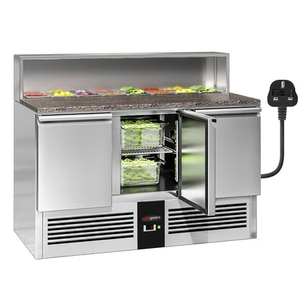 GGM Gastro Commercial Saladette Counter PREMIUM - 1368mm - 402L - 3 doors - open top for 8 x GN 1/6 & stainless steel hinged lid - UK