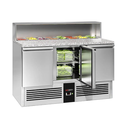 GGM Gastro Commercial Saladette Counter PREMIUM - 1368mm - 402L - 3 doors - with glass canopy for 8 x GN 1/6 & stainless steel hinged lid