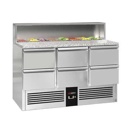 GGM Gastro Commercial Saladette Counter PREMIUM - 1368mm - 402L - 6 drawers - open top for 8 x GN 1/6 & stainless steel hinged lid