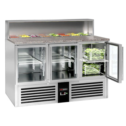 GGM Gastro Commercial Saladette Counter PREMIUM - 1368mm - 402L - Black Front - 3 glass doors - open top for 7 x GN 1/6 - black granite worktop
