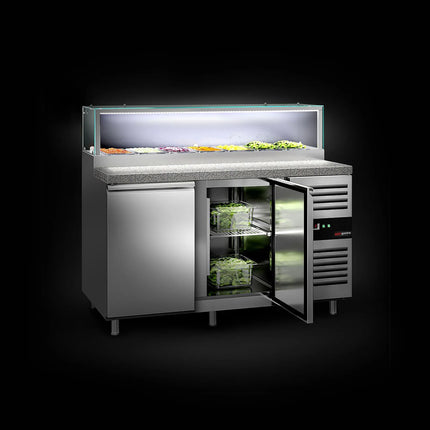 GGM Gastro Commercial Saladette Counter PREMIUM - 1510mm - 390L - 2 doors - with glass canopy for 7 x GN 1/3 & 1 shelf