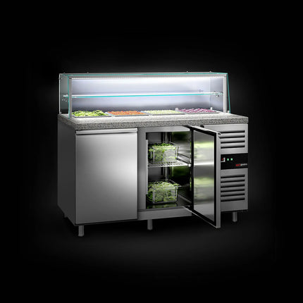 GGM Gastro Commercial Saladette Counter PREMIUM - 1515mm - 390L - 2 doors - with glass canopy for 4 x GN 1/1 & 1 shelf