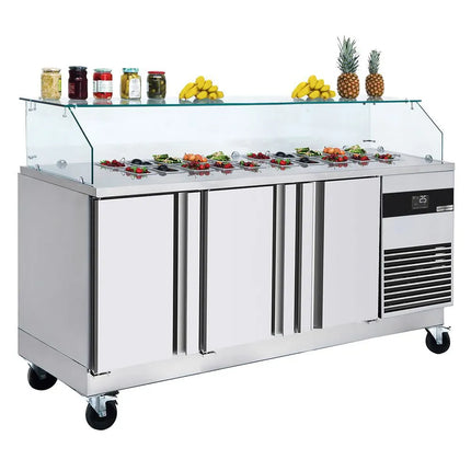 GGM Gastro Commercial Saladette Counter PREMIUM - 1865mm - 3 doors - with square glass canopy for 8 x GN 1/6