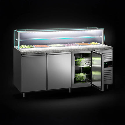 GGM Gastro Commercial Saladette Counter PREMIUM - 2020mm - 580L - 3 doors - with glass canopy for 5 x GN 1/1 & 1 x GN 2/4 & 1 shelf