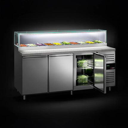 GGM Gastro Commercial Saladette Counter PREMIUM - 2020mm - 580L - 3 doors - with glass canopy for 10 x GN 1/3 & 1 shelf