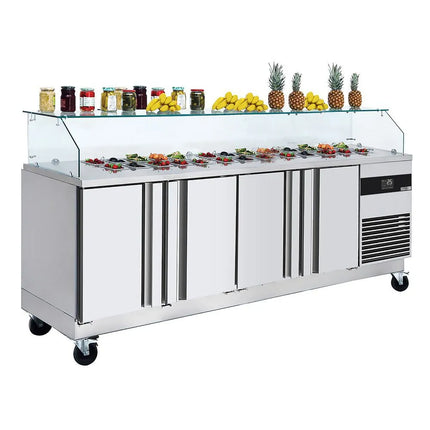 GGM Gastro Commercial Saladette Counter PREMIUM - 2330mm - 4 doors - with square glass canopy for 10 x GN 1/6