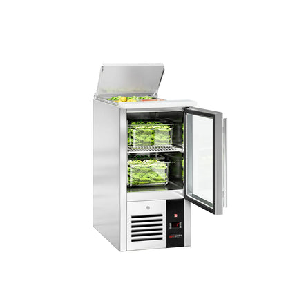 GGM Gastro Commercial Saladette Counter PREMIUM - 450mm - 102L - 1 glass door - open top for 1 x GN 1/1 & stainless steel hinged lid