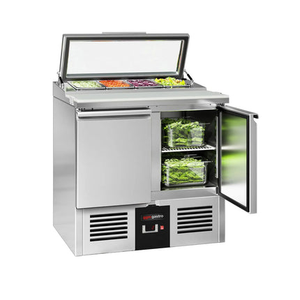 GGM Gastro Commercial Saladette Counter PREMIUM - 900mm - 159L - 2 doors - open top for 4 x GN 1/3 & glass lid