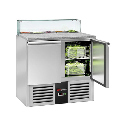 GGM Gastro Commercial Saladette Counter PREMIUM - 900mm - 240L - 2 doors - with square glass canopy for 5 x GN 1/6