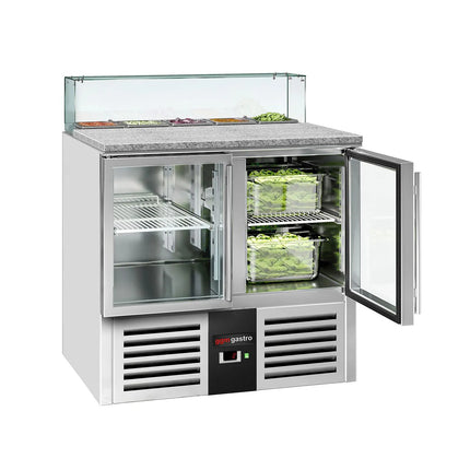 GGM Gastro Commercial Saladette Counter PREMIUM - 900mm - 240L - 2 glass doors - with square glass canopy for 5 x GN 1/6