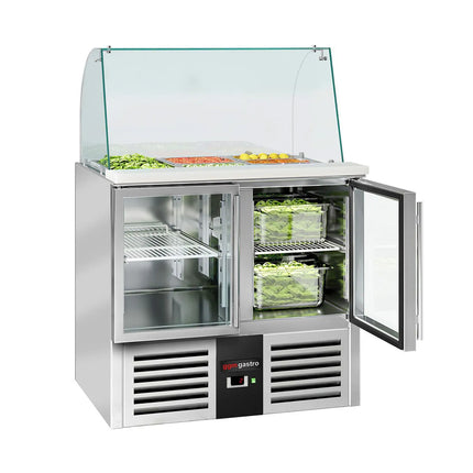 GGM Gastro Commercial Saladette Counter PREMIUM - 900mm - 288L - 2 glass doors - with glass canopy for 2 x GN 1/1 & 3 x GN 1/6
