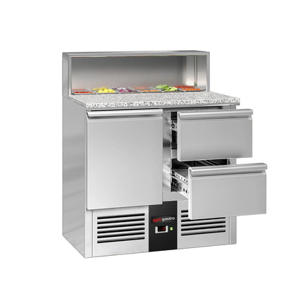 GGM Gastro Commercial Saladette Counter PREMIUM - 903mm - 240L - 1 door & 2 drawers - open top for 5 x GN 1/6 & stainless steel hinged lid