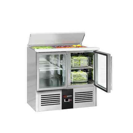 GGM Gastro Commercial Saladette Counter PREMIUM - 903mm - 240L - 2 glass doors - open top for 2 x GN 1/1 & 3 x GN 1/6 & stainless steel hinged lid