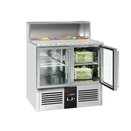 GGM Gastro Commercial Saladette Counter PREMIUM - 903mm - 240L - 2 glass doors - open top for 5 x GN 1/6 & stainless steel hinged lid