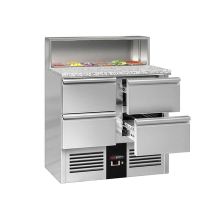 GGM Gastro Commercial Saladette Counter PREMIUM - 903mm - 240L - 4 drawers - open top for 5 x GN 1/6 & stainless steel hinged lid