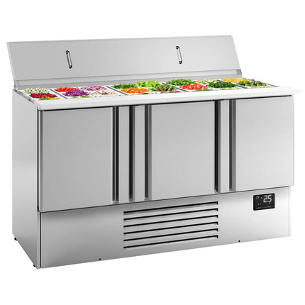 GGM Gastro Commercial Saladette Counter PREMIUM PLUS - 1460mm - 335L - 3 doors - open top for 9 x GN 1/3 & 6 x GN 1/6 & stainless steel hinged lid