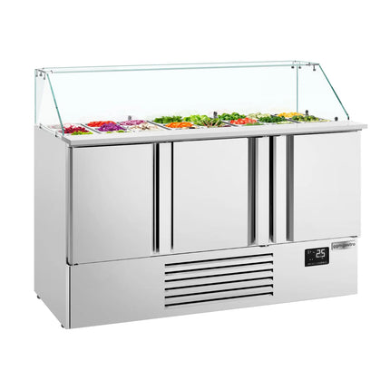 GGM Gastro Commercial Saladette Counter PREMIUM PLUS - 1460mm - 335L - 3 doors - with square glass canopy for 9 x GN 1/3 & 6 x GN 1/6