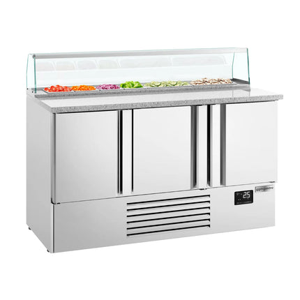 GGM Gastro Commercial Saladette Counter PREMIUM PLUS - 1460mm - 355L - 3 doors - with glass canopy for 8 x GN 1/6