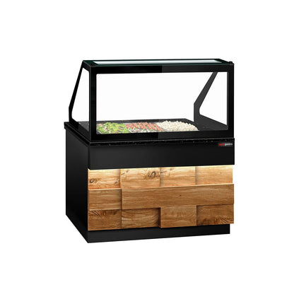 GGM Gastro Commercial Saladette Counter TORONTO - 1250mm - 800L - Wood Front - 2 doors - with square glass canopy for 3 x GN 1/1 & 1 shelf - black granite worktop