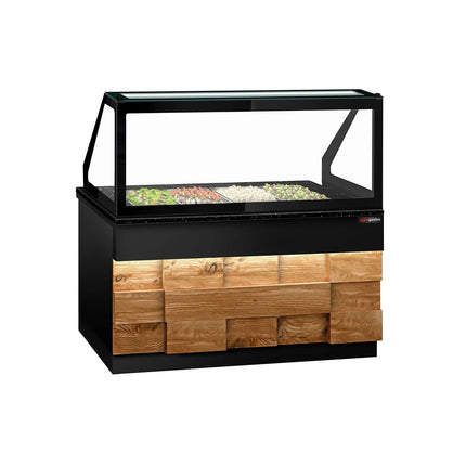 GGM Gastro Commercial Saladette Counter TORONTO - 1500mm - 1000L - Wood Front - 2 doors - with square glass canopy for 4 x GN 1/1 & 1 shelf - black granite worktop