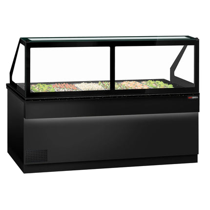 GGM Gastro Commercial Saladette Counter TORONTO - 2550mm - Black Front - 4 doors - with square glass canopy for 6 x GN 1/1 & 1 shelf - black granite worktop