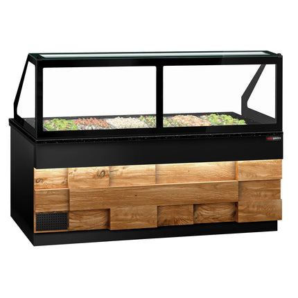 GGM Gastro Commercial Saladette Counter TORONTO - 2550mm - Wood Front - 4 doors - with square glass canopy for 6 x GN 1/1 & 1 shelf - black granite worktop