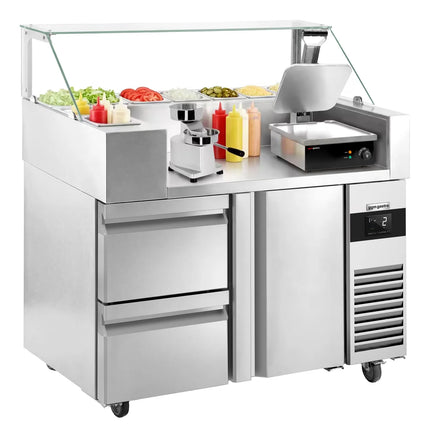 GGM Gastro Commercial Saladette Prep Counter - 1210x700mm - 1 Door & 2 Drawers - for 9x GN 1/6 - incl. Digital contact grill & Hamburger machine