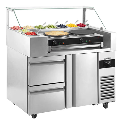 GGM Gastro Commercial Saladette Prep Counter - 1210x700mm - 1 Door & 2 Drawers - for 9x GN 1/6 - incl. Crepe maker with 2 plates & Wooden spatula