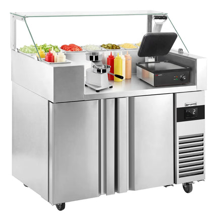 GGM Gastro Commercial Saladette Prep Counter - 1210x700mm - 1 Door & 2 Drawers - for 9x GN 1/6 - incl. Digital contact grill & Hamburger machine