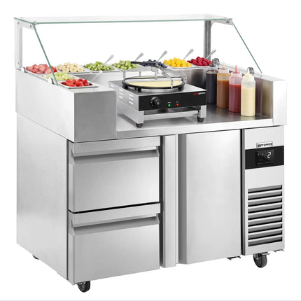 GGM Gastro Commercial Saladette Prep Counter - 1210x700mm - 1 Door & 2 Drawers - for 9x GN 1/6 - incl. Glass sneeze guard, Crêpe maker, Batter spreader & Wooden spatula