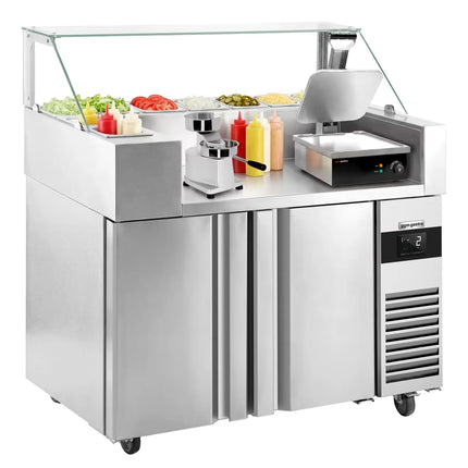 GGM Gastro Commercial Saladette Prep Counter - 1210x700mm - 2 Doors - for 9x GN 1/6 - incl. Digital contact grill & Hamburger machine