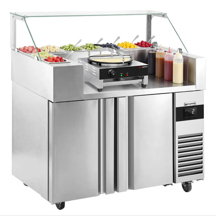 GGM Gastro Commercial Saladette Prep Counter - 1210x700mm - 2 Doors - for 9x GN 1/6 - incl. Glass showcase, Crepe maker, Batter spreader & Wooden spatula