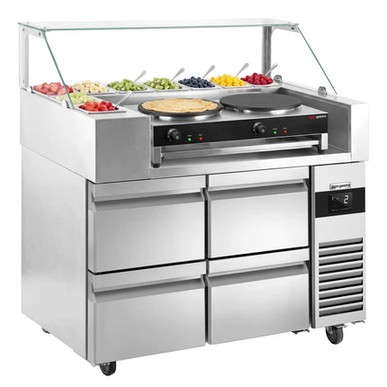 GGM Gastro Commercial Saladette Prep Counter - 1210x700mm - 4 Drawers - for 9x GN 1/6 - incl. Crepes maker with 2 plates & Wooden spatula