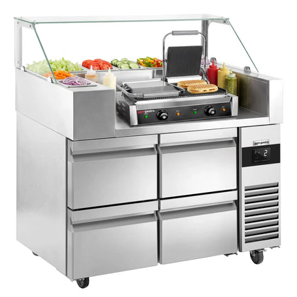 GGM Gastro Commercial Saladette Prep Counter - 1210x700mm - 4 Drawers - for 9x GN 1/6 - incl. Digital contact grill