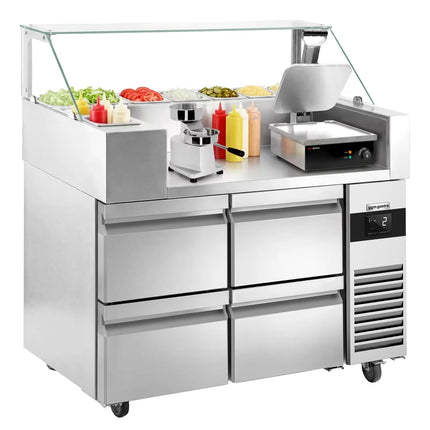 GGM Gastro Commercial Saladette Prep Counter - 1210x700mm - 4 Drawers - for 9x GN 1/6 - incl. Digital contact grill & Hamburger machine