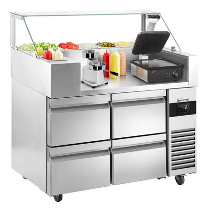 GGM Gastro Commercial Saladette Prep Counter - 1210x700mm - 4 Drawers - for 9x GN 1/6 - incl. Digital contact grill & Hamburger machine