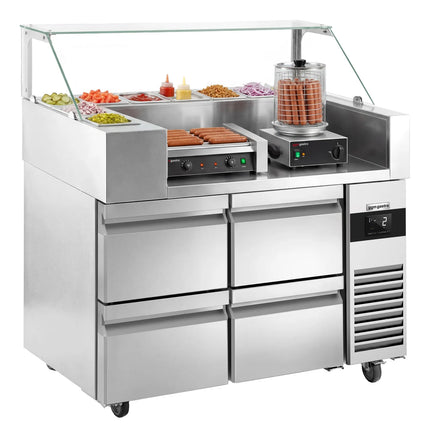 GGM Gastro Commercial Saladette Prep Counter - 1210x700mm - 4 Drawers - for 9x GN 1/6 - incl. Sausage grill & warmer
